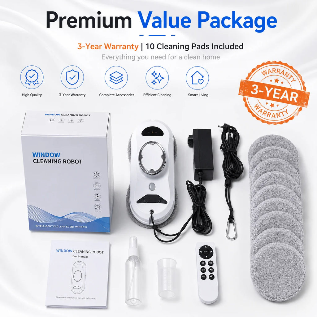 Dual-side automatic spray electric window cleaning robot, triple safety system, smart navigation, remote control household glass cleaner with 10 reusable cleaning cloths